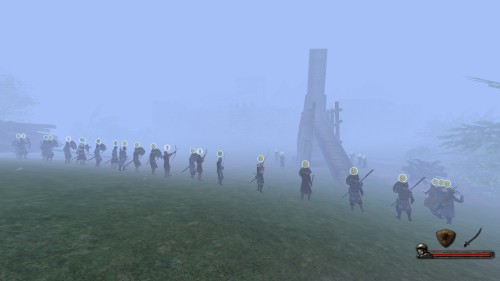 Attacking a castle half-hidden in the mist (game screenshot)